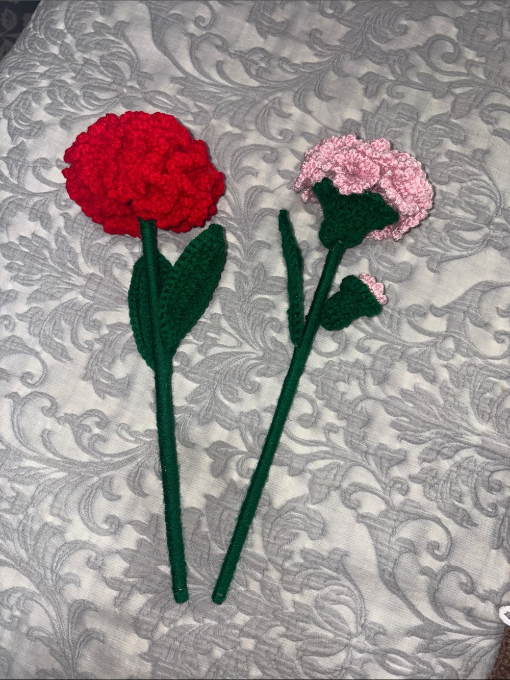 Handmade Crochet Carnation Stem - Red and Pink